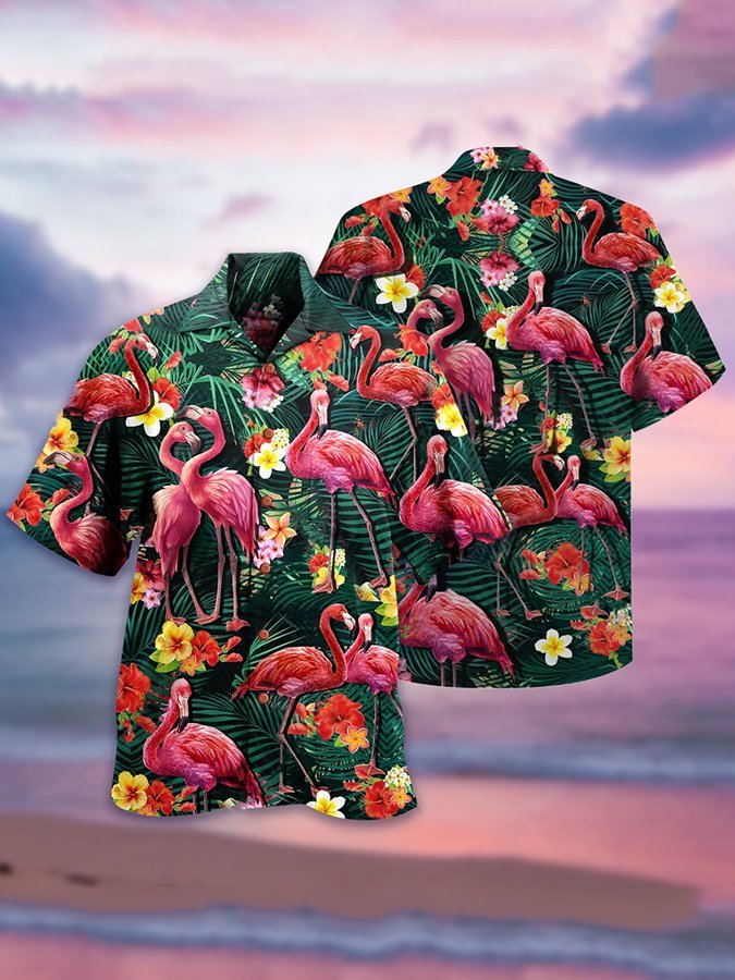 Men's Flamingo Couple Love Flowers Hawaiian Shirt