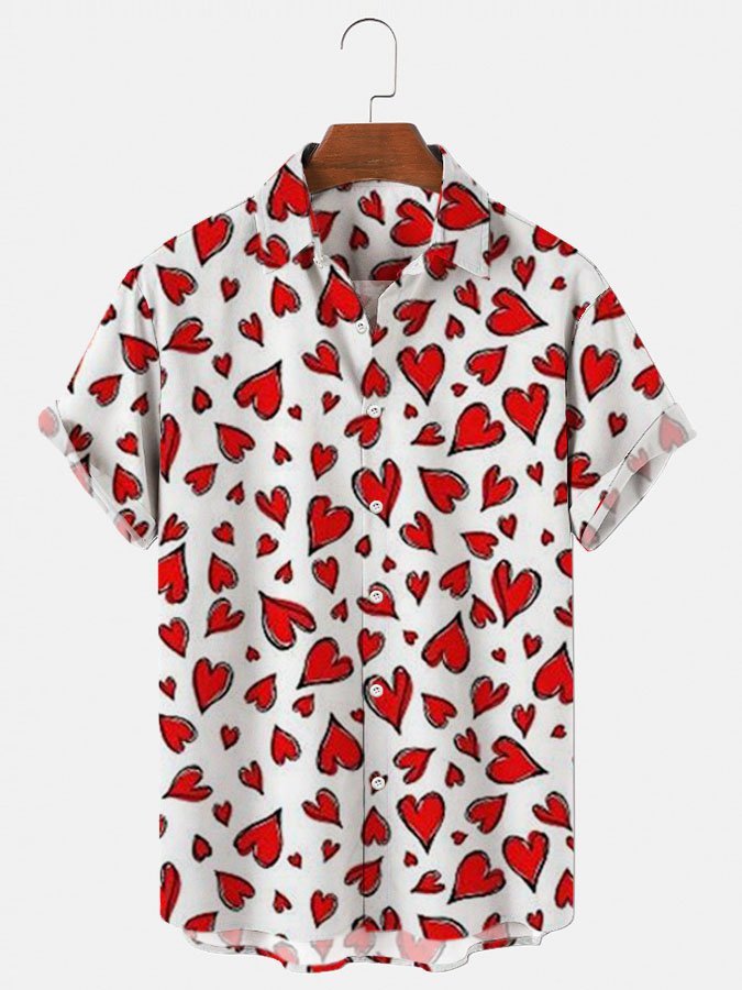 Men’s Love Printed Hawaiian Shirts Comfortable-Blend Valentine's Short Sleeve Tops