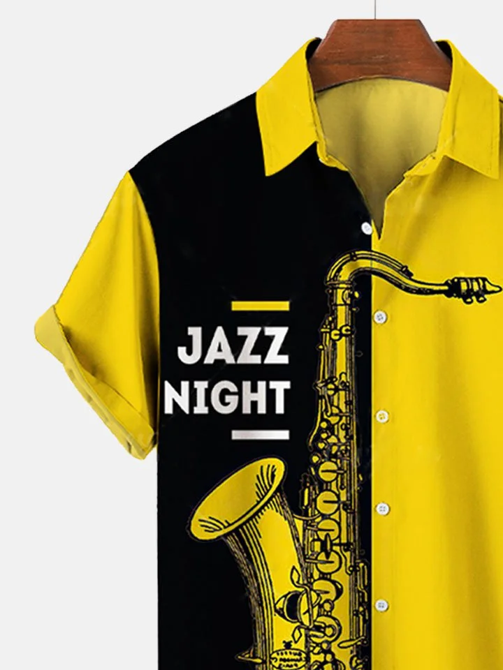 Men's Fashion Jazz Night Music Loose Casual Hawaiian Short Sleeve Shirt