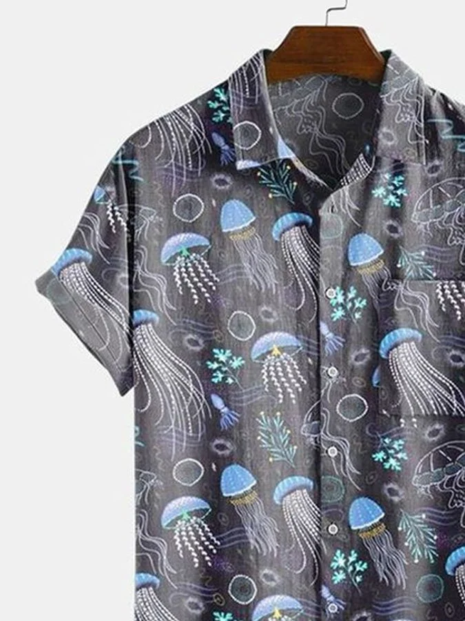 Men's Casual Jellyfish Print Short Sleeve Hawaiian Shirt