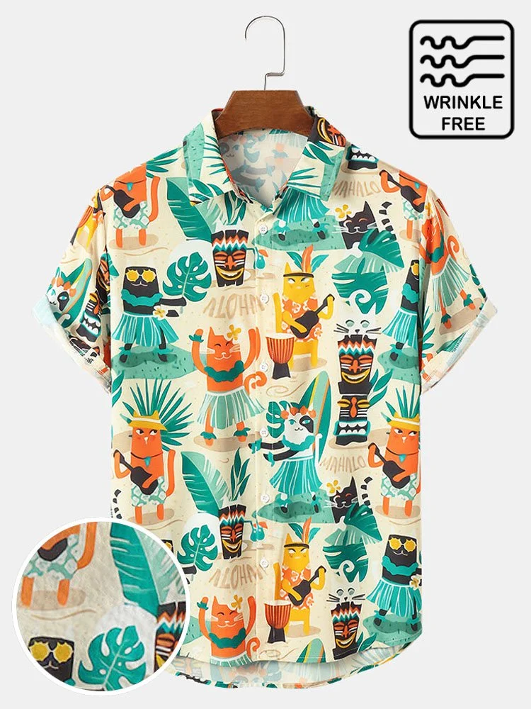 Mens Tropical Cartoon Animal Tiki Print Seersucker Wrinkle Free Short Sleeve Shirts