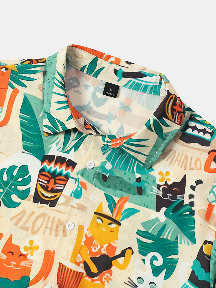 Mens Tropical Cartoon Animal Tiki Print Seersucker Wrinkle Free Short Sleeve Shirts