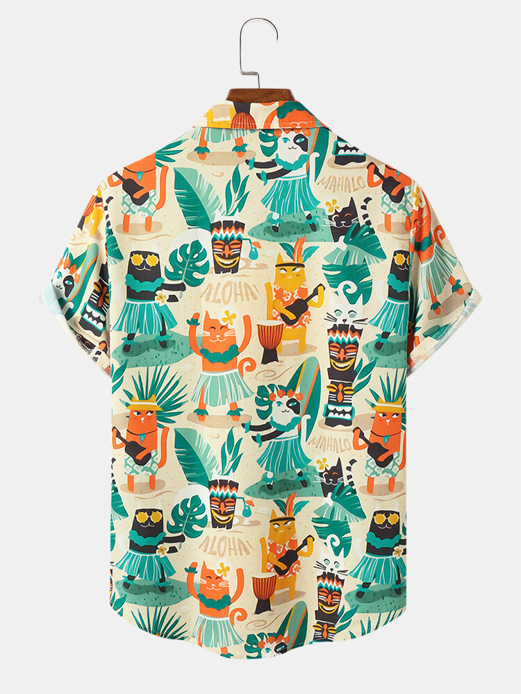 Mens Tropical Cartoon Animal Tiki Print Seersucker Wrinkle Free Short Sleeve Shirts