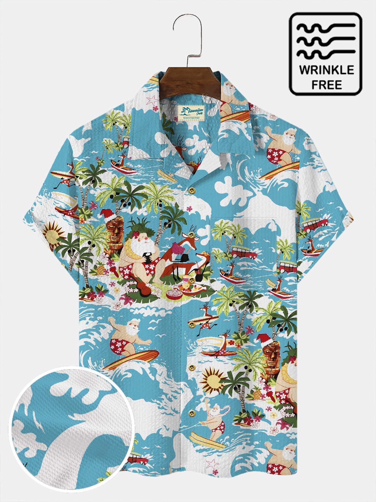 Men's Christmas Shirts Blue Surf Santa Fun Elk Seersucker Wrinkle Free Hawaiian Shirts