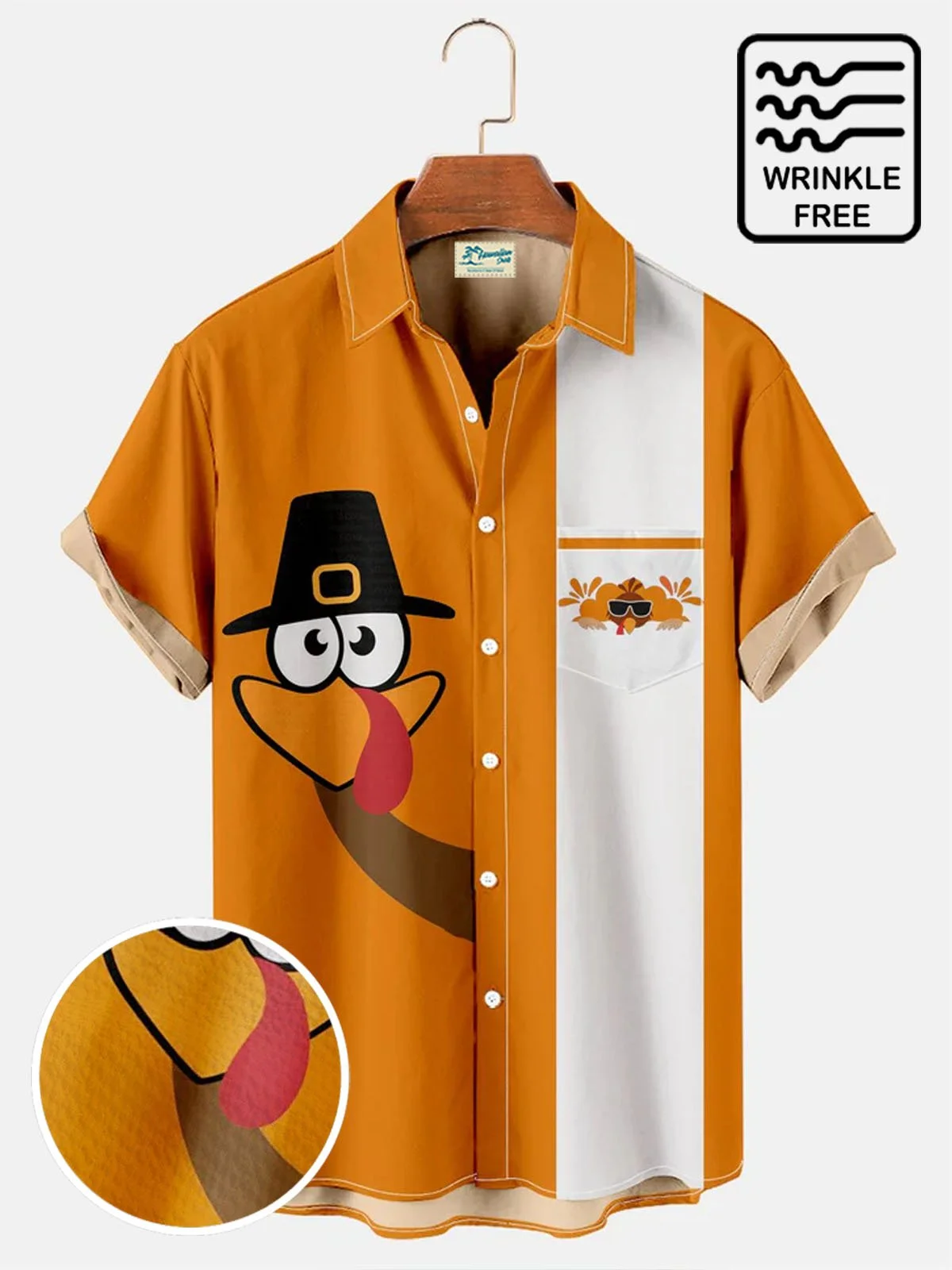 Royaura Men's Thanksgiving Fun Turkey Contrast Wrinkle Free Short Sleeve Shirt