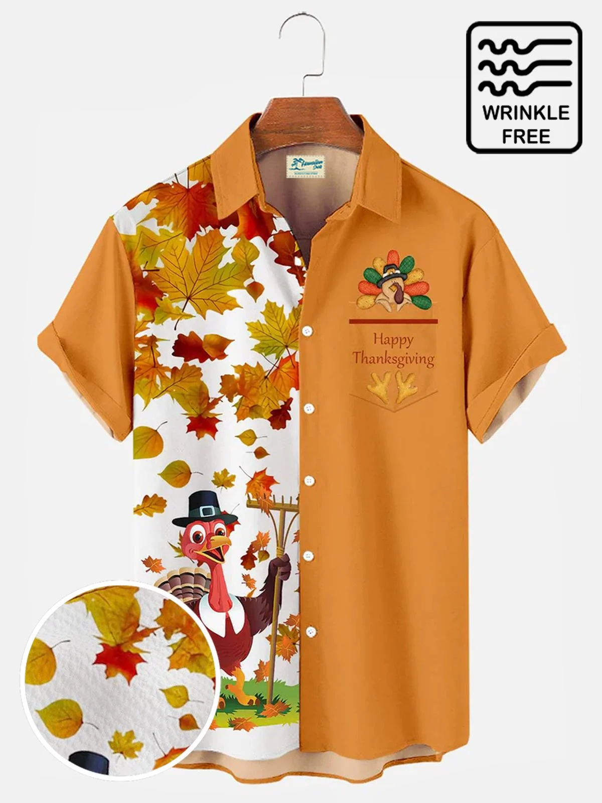 Royaura Men's Thanksgiving Fall Leaves Turkey Print Bowling Shirts Seersucker Big and Tall Shirts