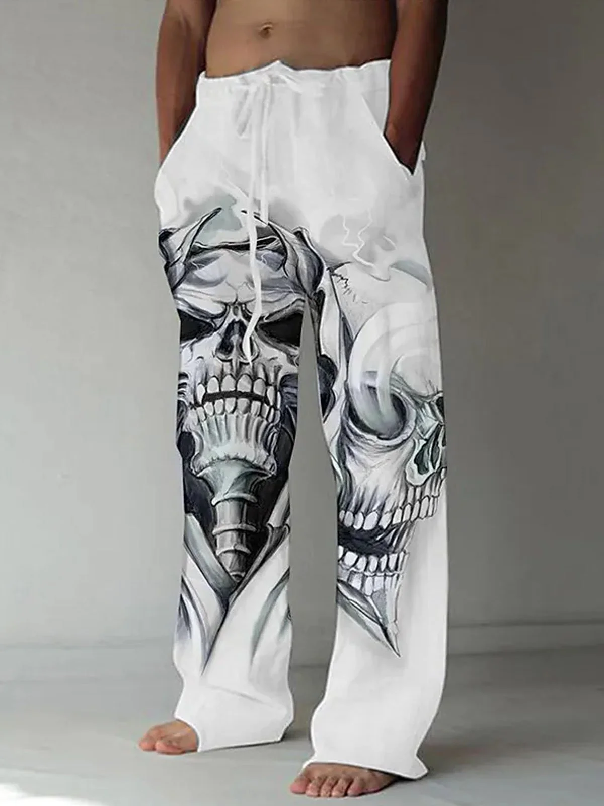 Royaura Men's Men's Casual Skull Print Natural Fiber Drawstring Trousers