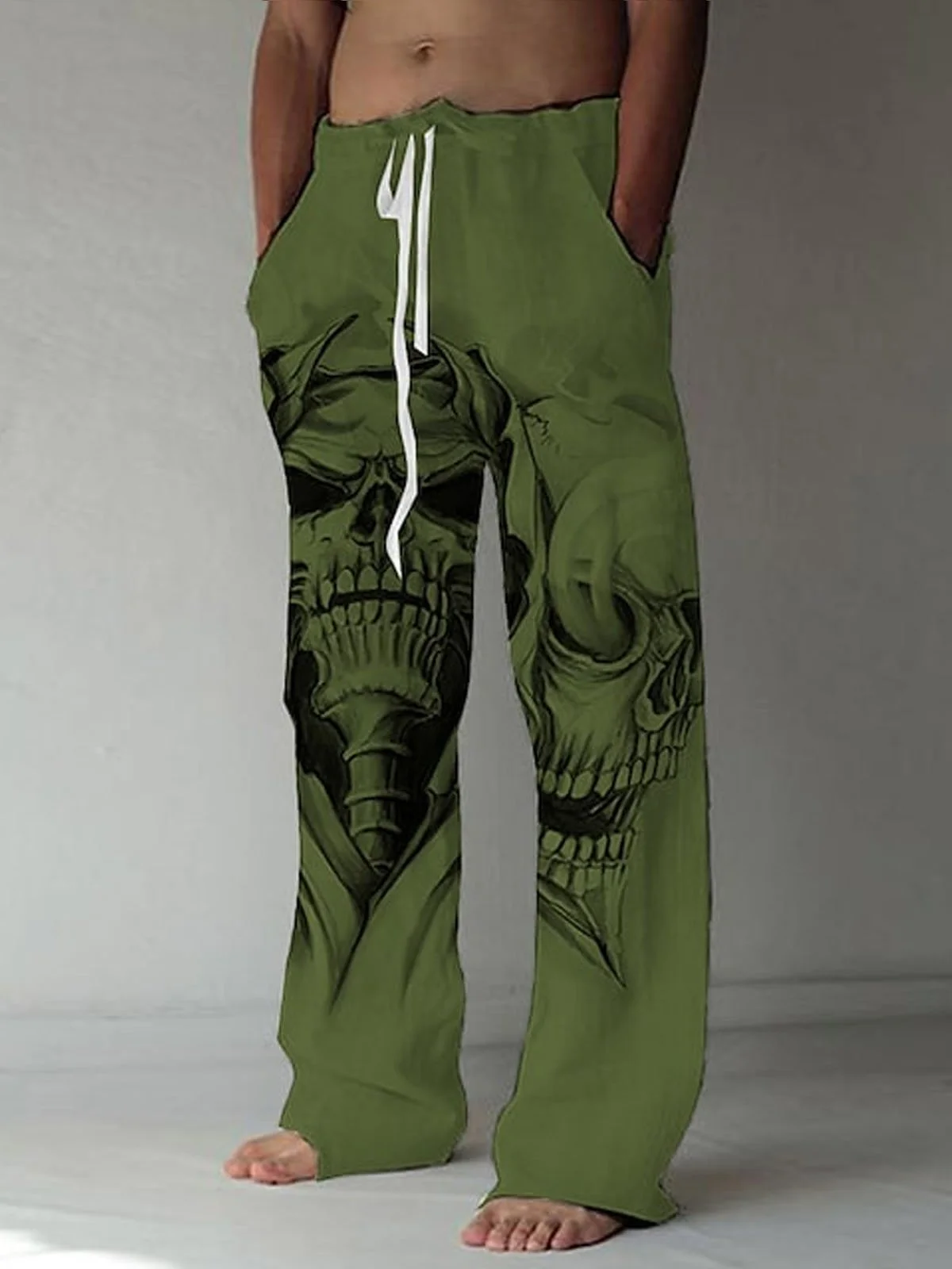 Royaura Men's Men's Casual Skull Print Natural Fiber Drawstring Trousers