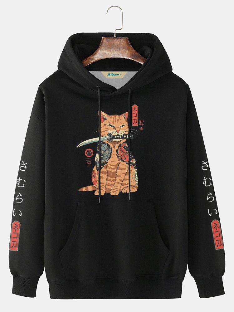 Royaura Japanese Samurai Cat Comfortable Blend Long Sleeve Printed Hoodie