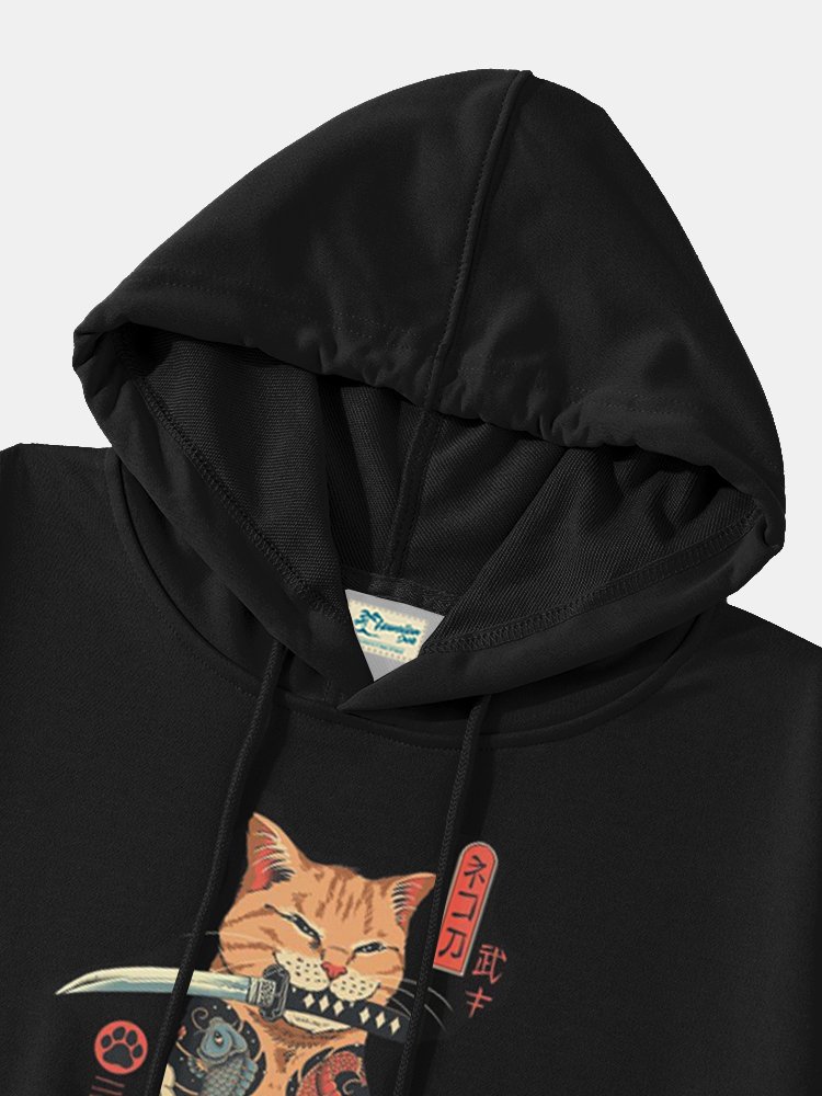 Royaura Japanese Samurai Cat Comfortable Blend Long Sleeve Printed Hoodie