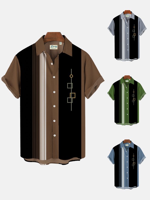 Men's Vintage Casual Bowling Shirts Wrinkle Free Geometric Plus Size Short Sleeve Shirts