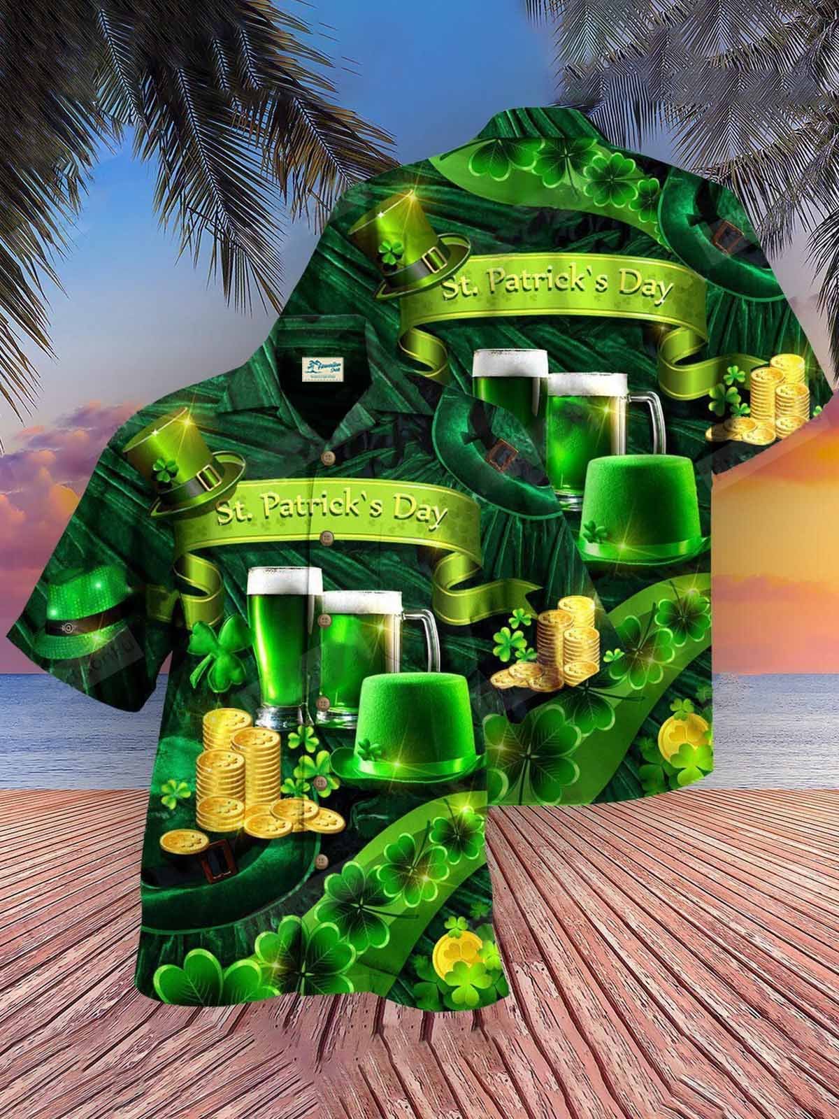 Royaura St. Patrick's Men's Hawaiian Shirts Shamrock Beer Fortune Oversized Floral Shirts