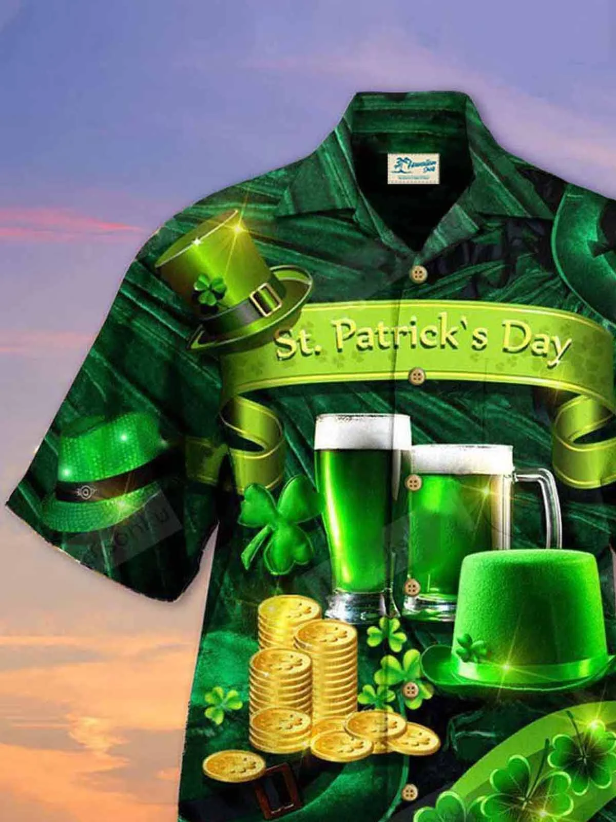 Royaura St. Patrick's Men's Hawaiian Shirts Shamrock Beer Fortune Oversized Floral Shirts