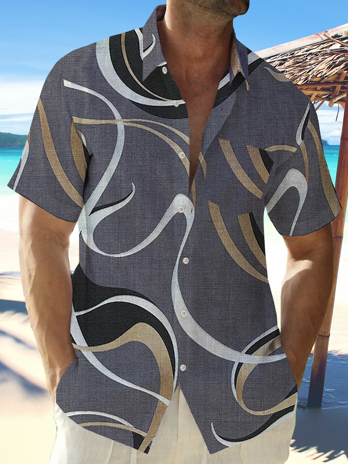 Royaura Natural Fiber Retro Geometric Men's Vacation Hawaiian Big and Tall Aloha Shirt