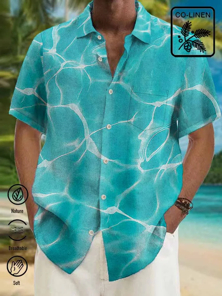 Royaura Comfortable Hemp Hawaiian Blue Wavy Texture Art Men's Button ...
