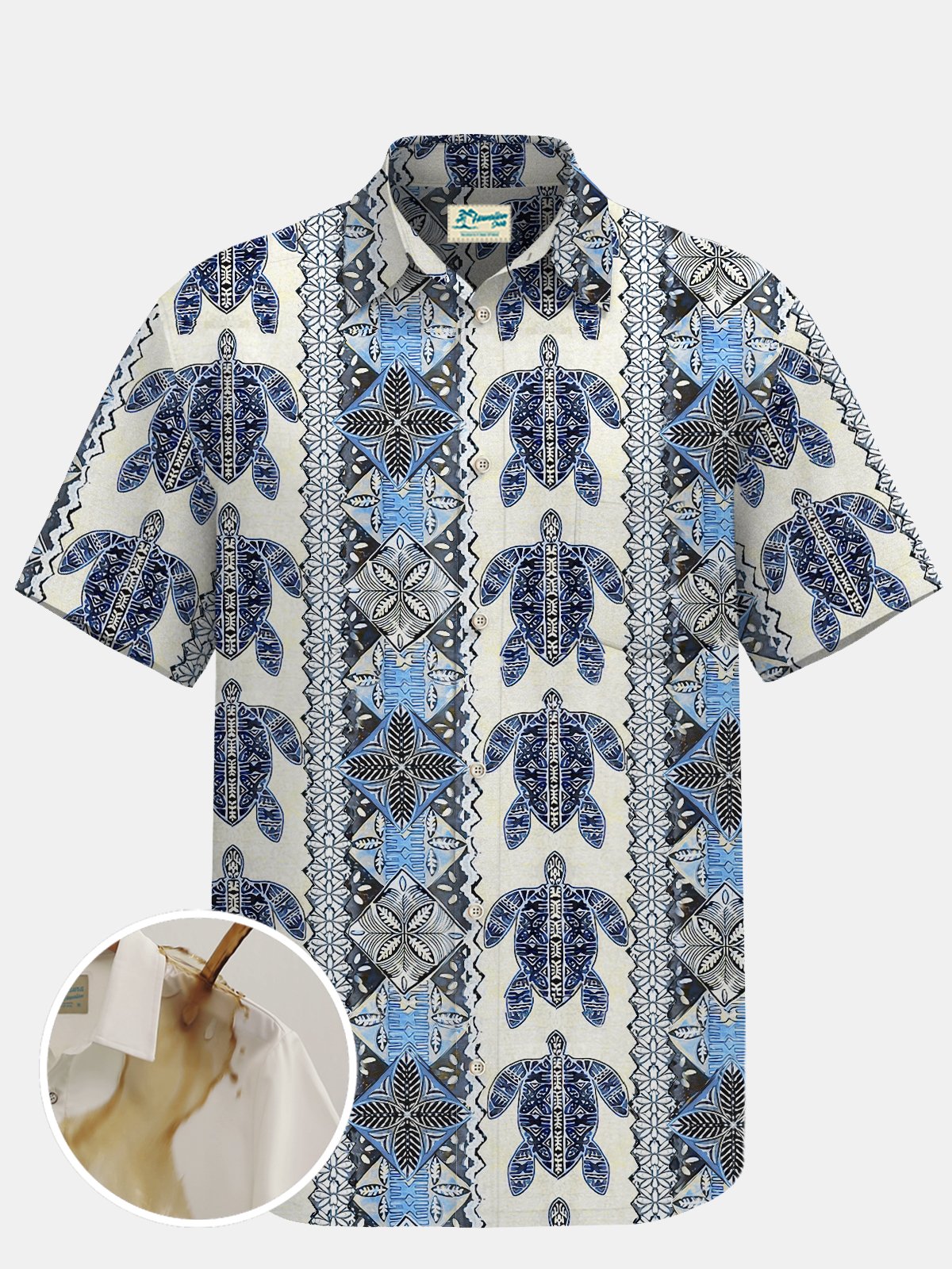 Royaura Honu Ethnic Waterproof Stain Resistant Blue Hydrophobic Breathable Men Hawaiian Shirt