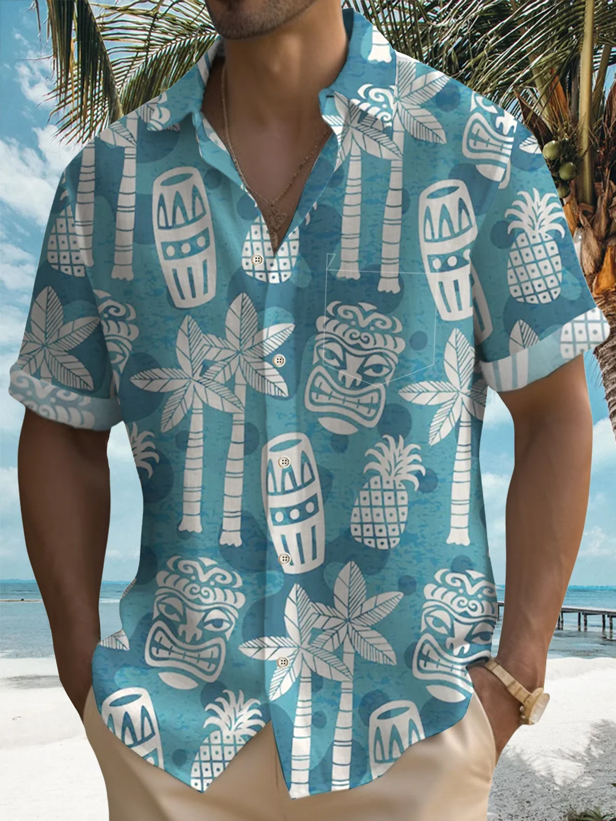 Royaura TiKi Coconut Tree Pineapple Print Men's Vacation Hawaii Big And Tall Aloha Shirt