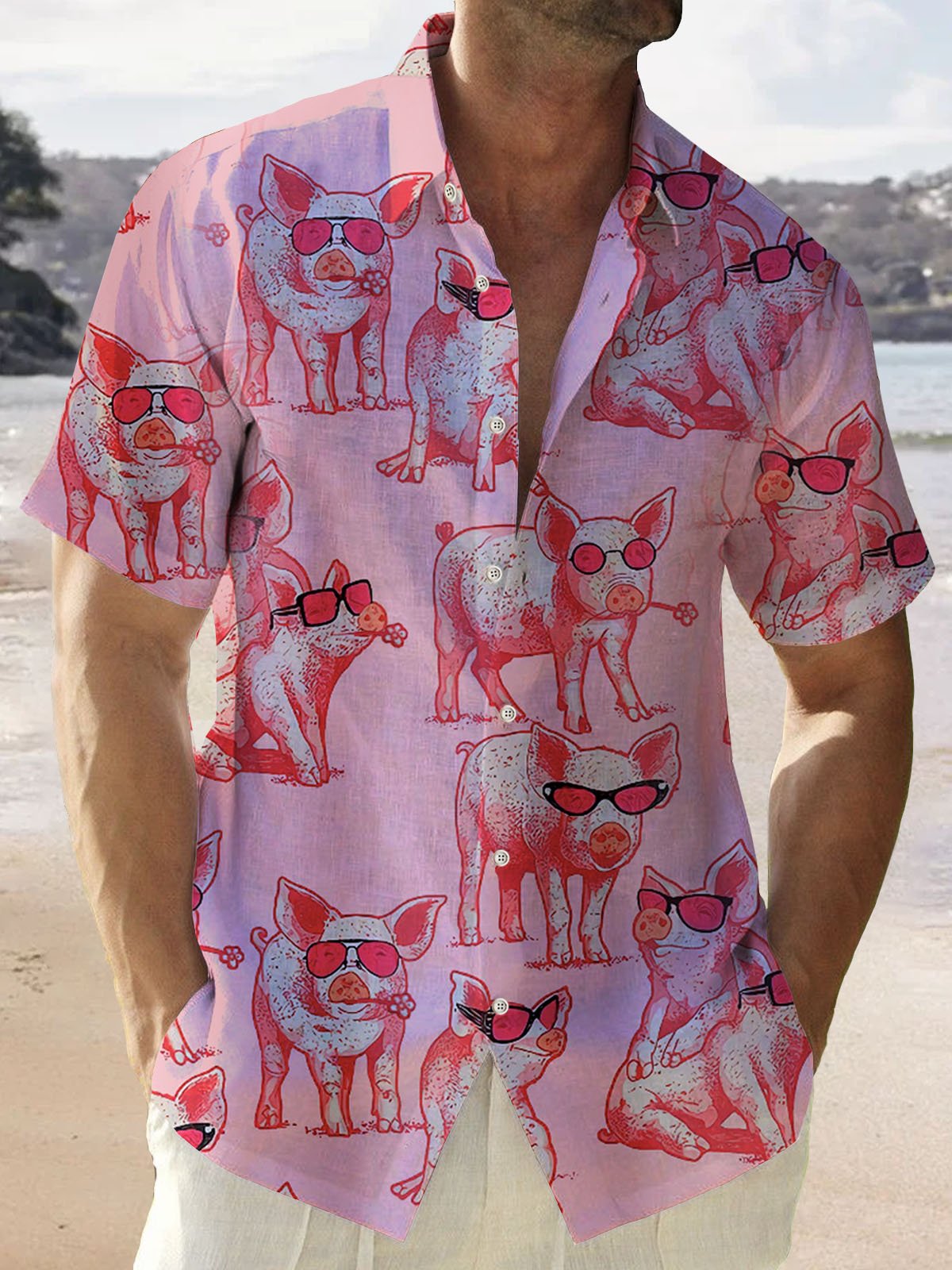 Royaura Vintage Pig Men's Button Down Pocket Shirt