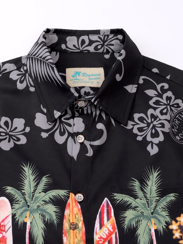 Royaura Waterproof Coconut Tree Tropical Flowers Surfboard Hawaiian Shirt Stain-Resistant Hydrophobic