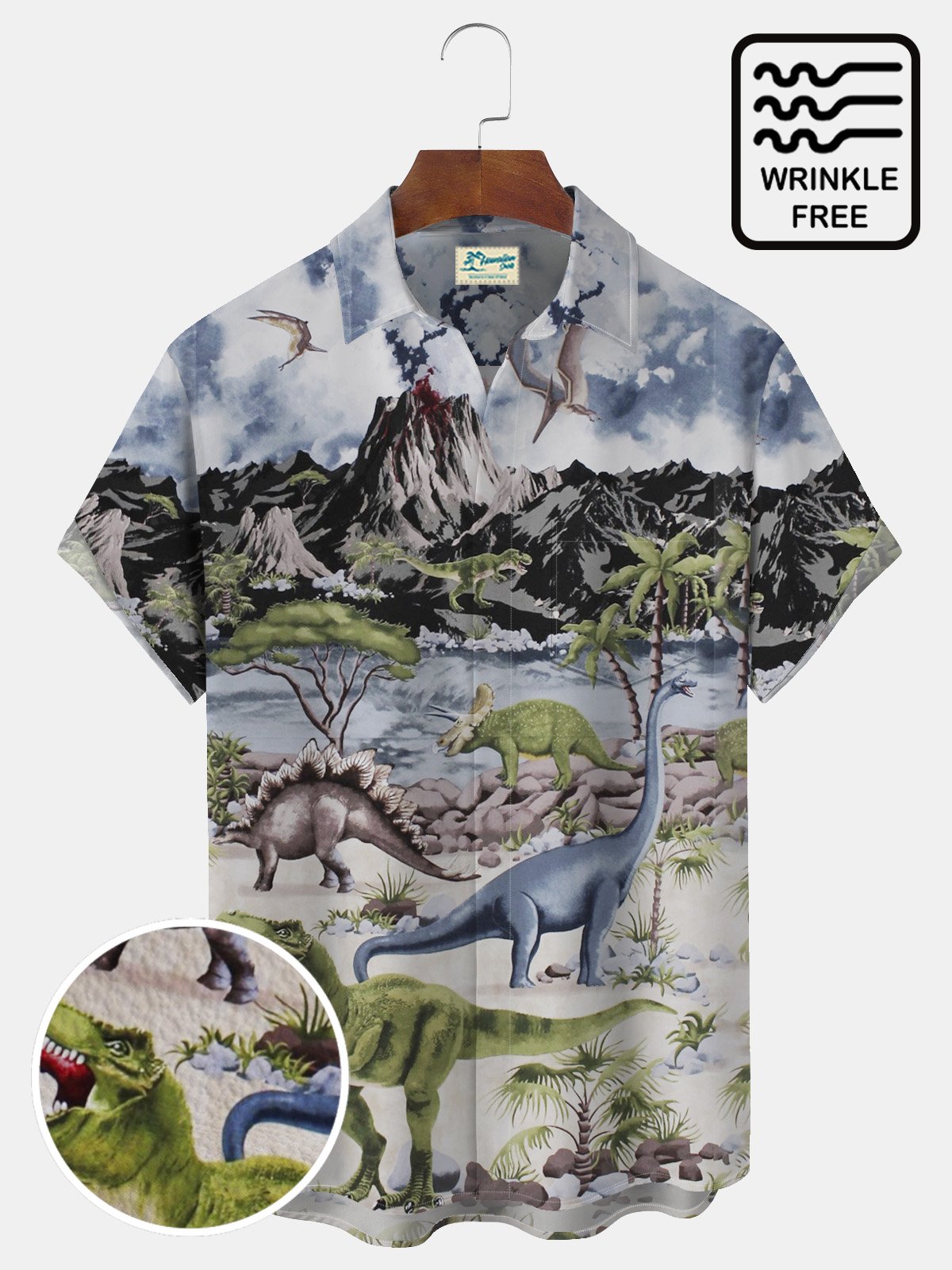 Royaura Beach Vacation Vintage Dinosaur Art Men's Hawaiian Shirts Stretch Wrinkle Free Seersucker Pocket Camp Shirts