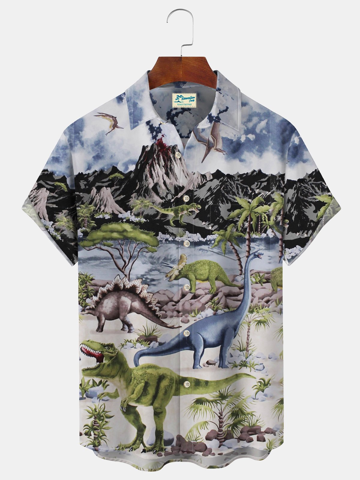 Royaura Beach Vacation Vintage Dinosaur Art Men's Hawaiian Shirts Stretch Wrinkle Free Seersucker Pocket Camp Shirts