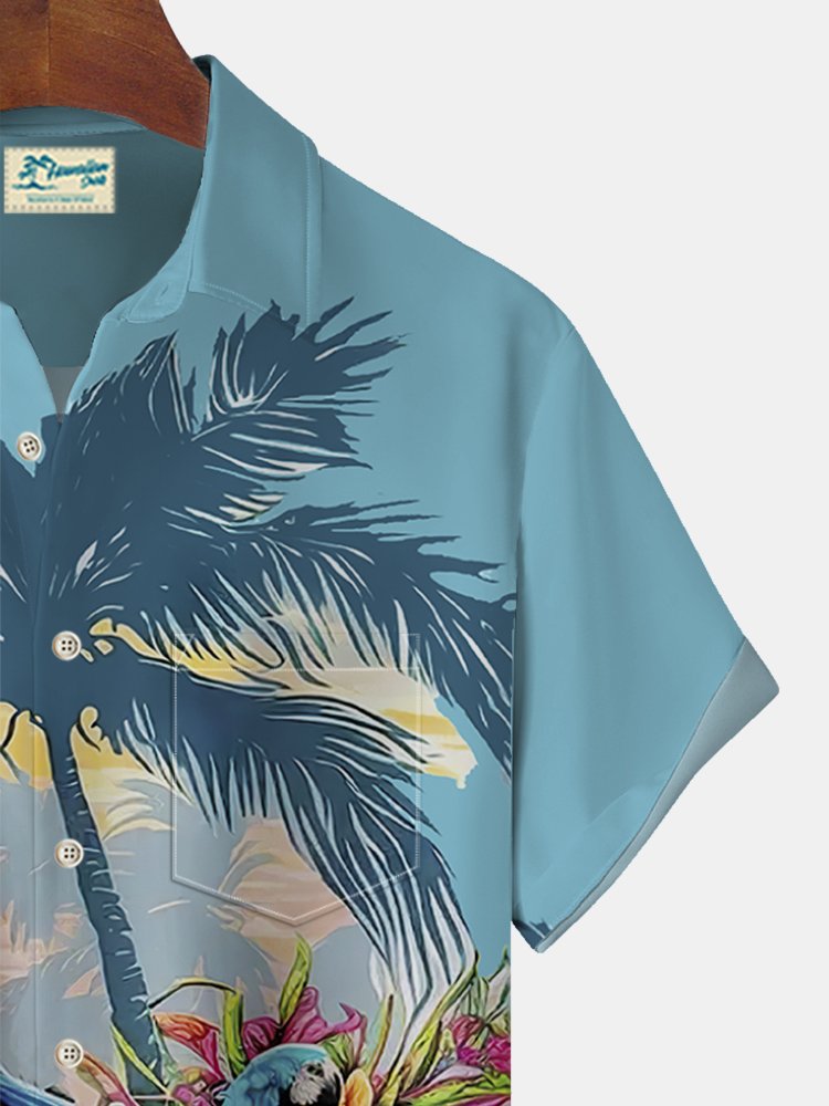 Royaura Parrot Coconut Tree Classic Car Print Beach Men's Hawaiian Oversized Shirt with Pockets