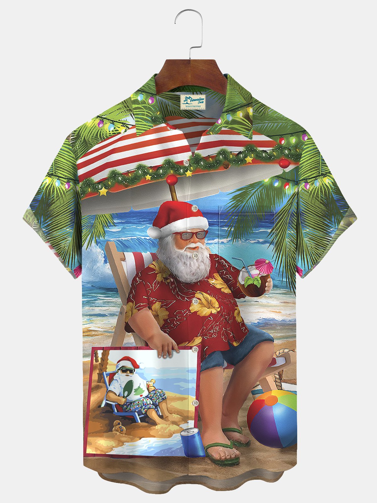 Royaura Christmas Santa Print Beach Men's Hawaiian Oversized Short Sleeve Shirt with Pockets