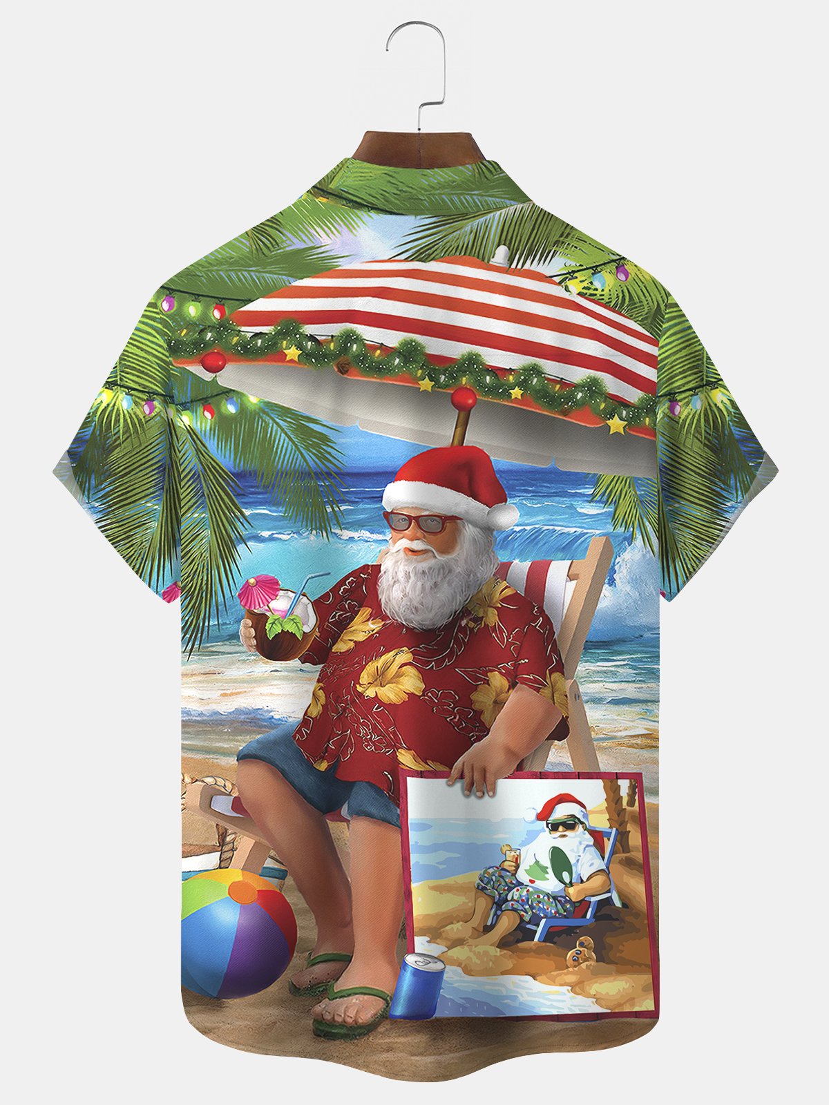 Royaura Christmas Santa Print Beach Men's Hawaiian Oversized Short Sleeve Shirt with Pockets