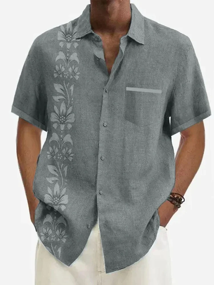 Men's Casual Cotton Linen Floral Print Comfortable Short Sleeve Shirt ...