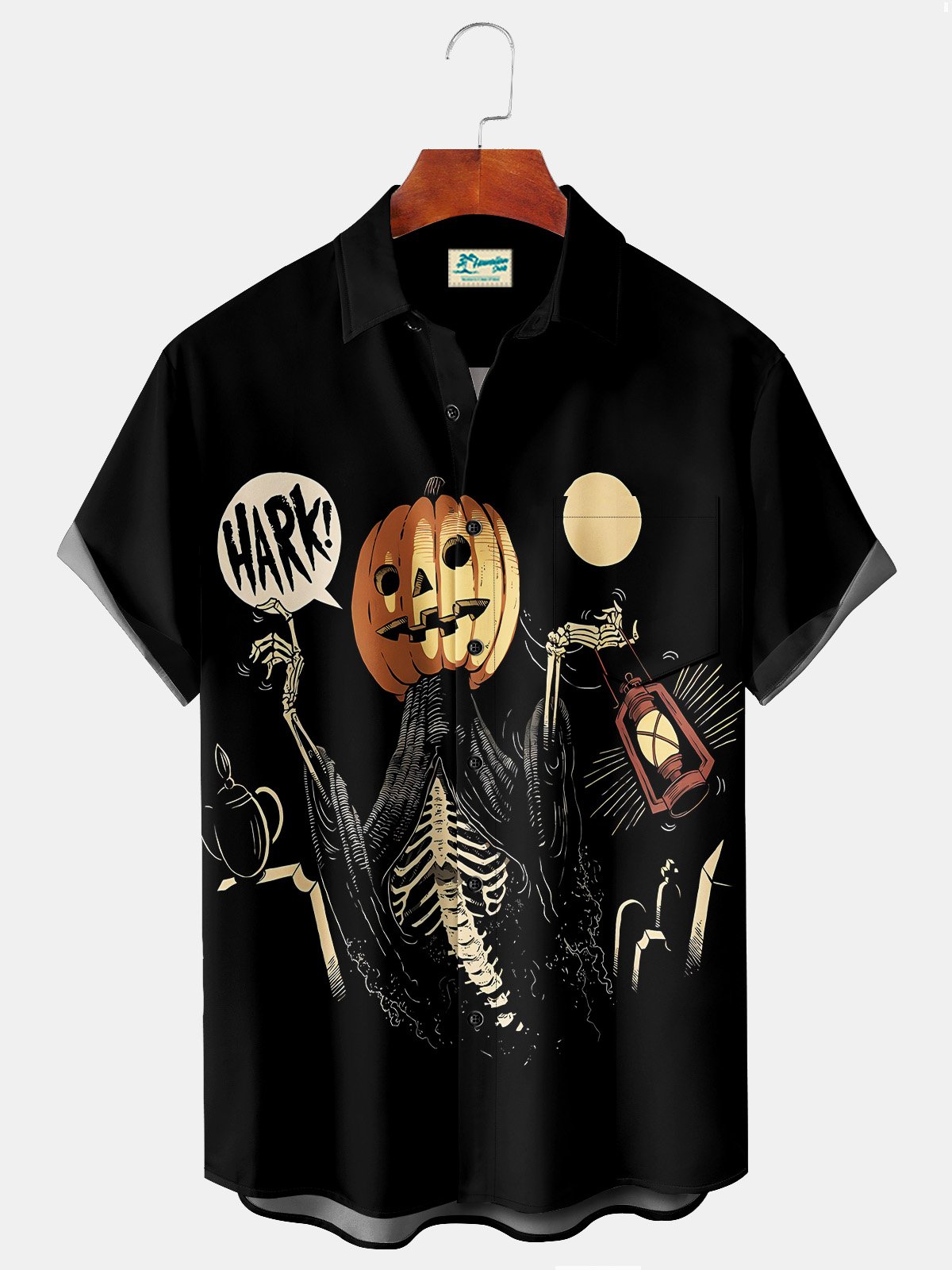 Royaura Horror Halloween Black Men's Hawaiian Shirts Pumpkin Monster Stretch Plus Size Aloha Camp Button-Down Shirts