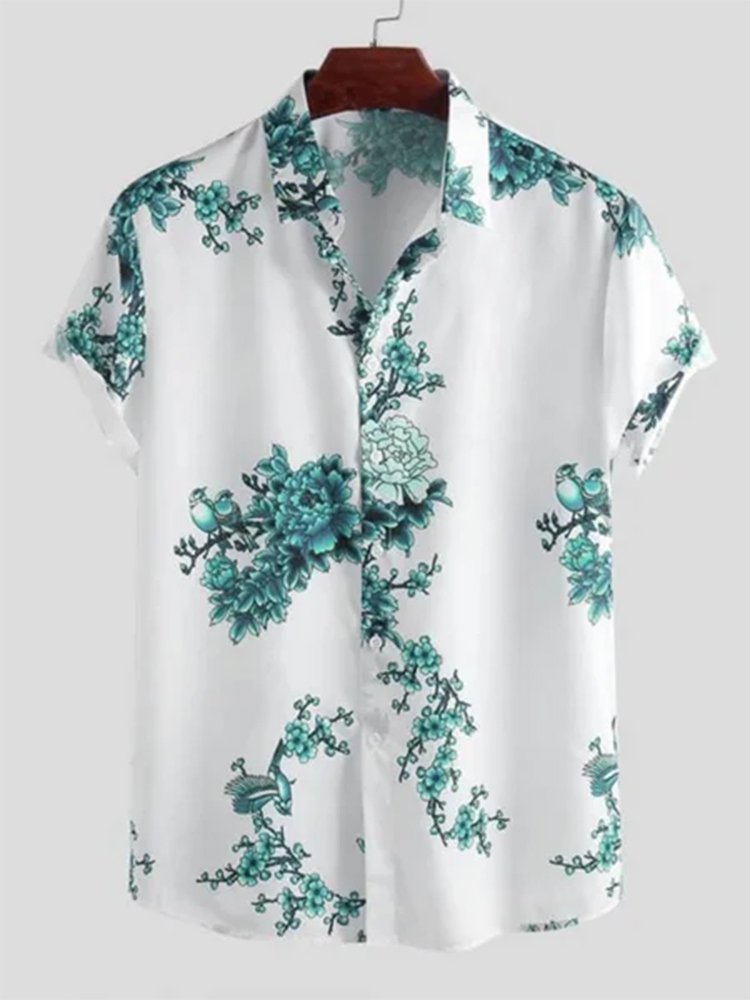 Royaura®  Floral Print Men's Parrot Button Pocket Short Sleeve Shirt