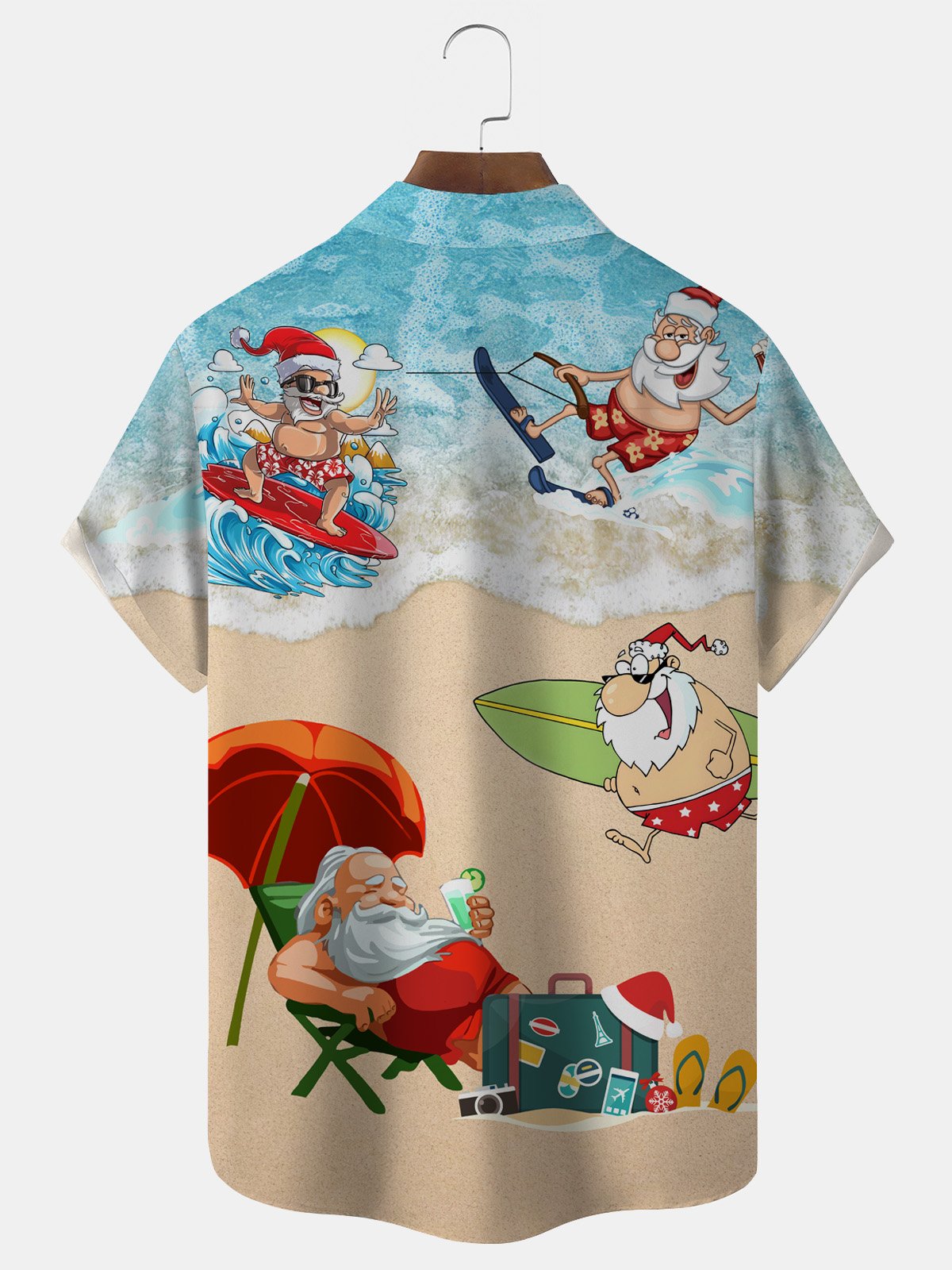 Royaura Christmas Santa Surf Print Men's Button Pocket Short Sleeve Shirt