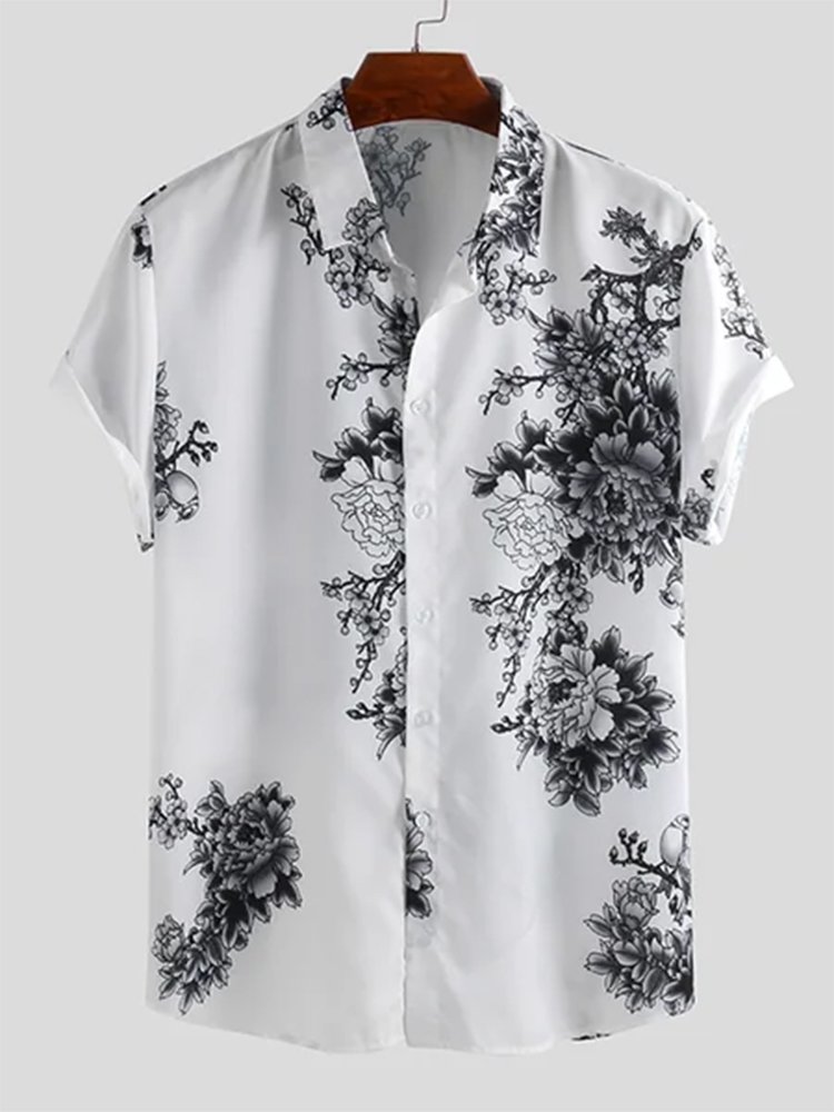 Royaura®  Floral Print Men's Parrot Button Pocket Short Sleeve Shirt