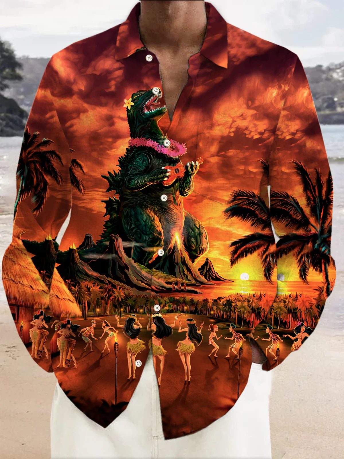 Royaura Hawaiian Monster Tiki Print Men's Button Pocket Short Sleeve Shirt