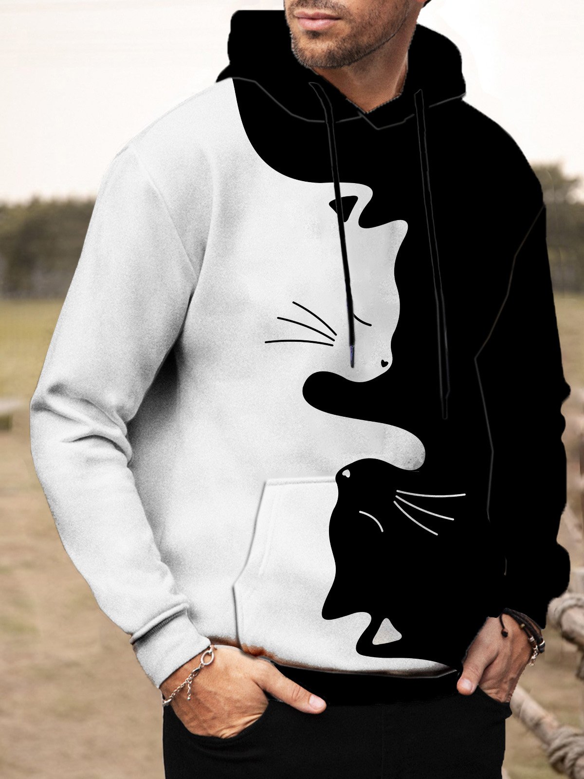 Royaura Casual Black and White Cat Cartoon Men's Long Sleeve Drawstring Hoodies Stretch Pocket Casual Pullover Sweatshirts