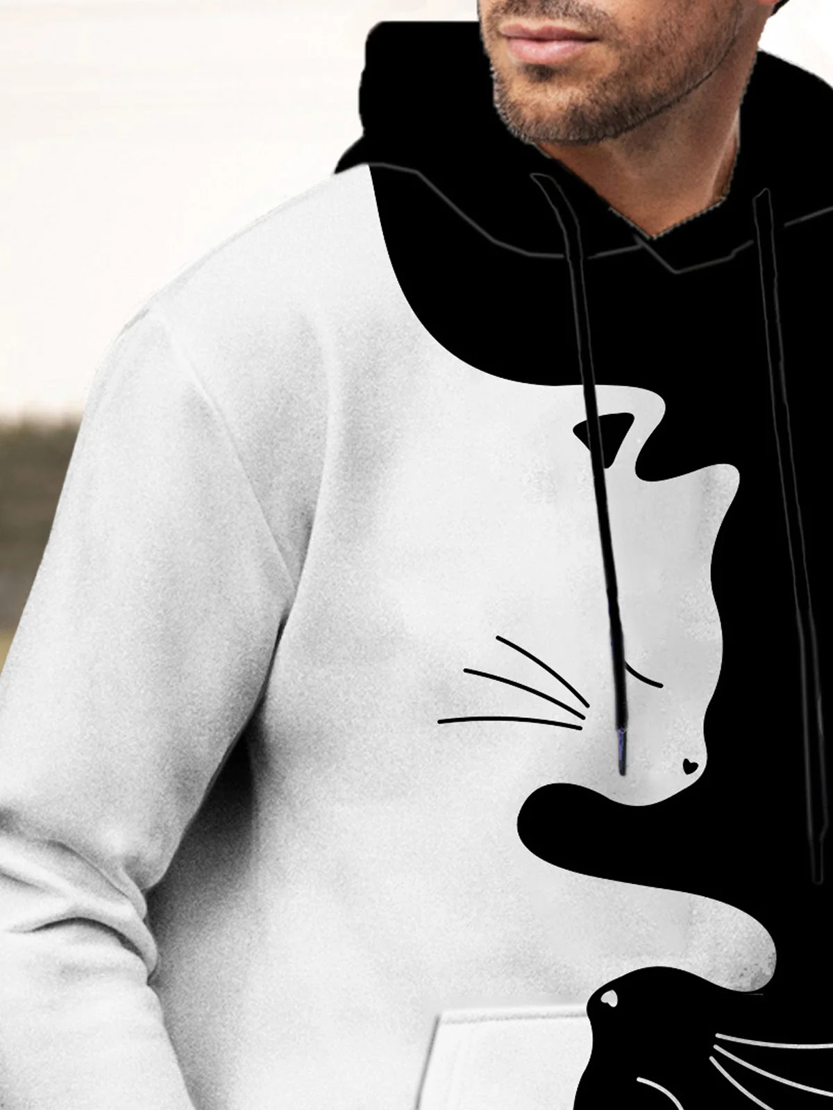 Royaura Casual Black and White Cat Cartoon Men's Long Sleeve Drawstring Hoodies Stretch Pocket Casual Pullover Sweatshirts