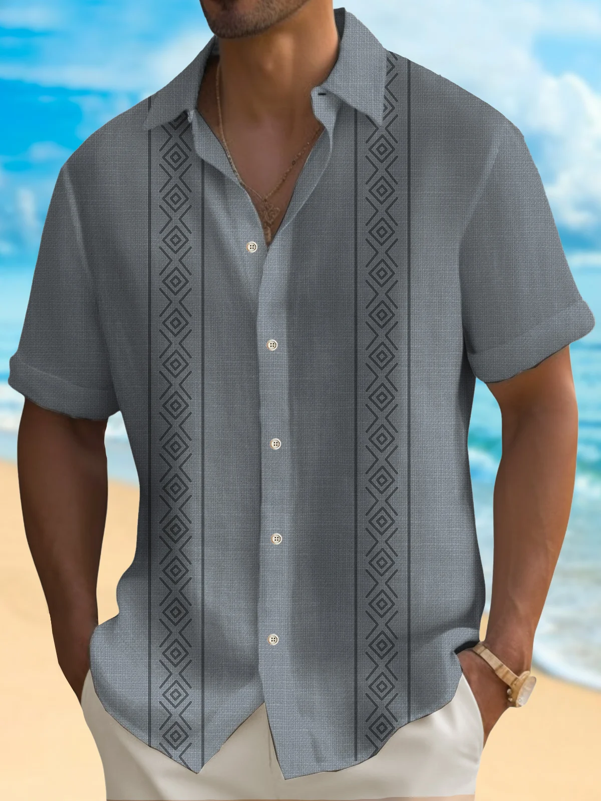 Men's Casual Cotton Linen Basics Geometric Short Sleeve Shirt Printed ...