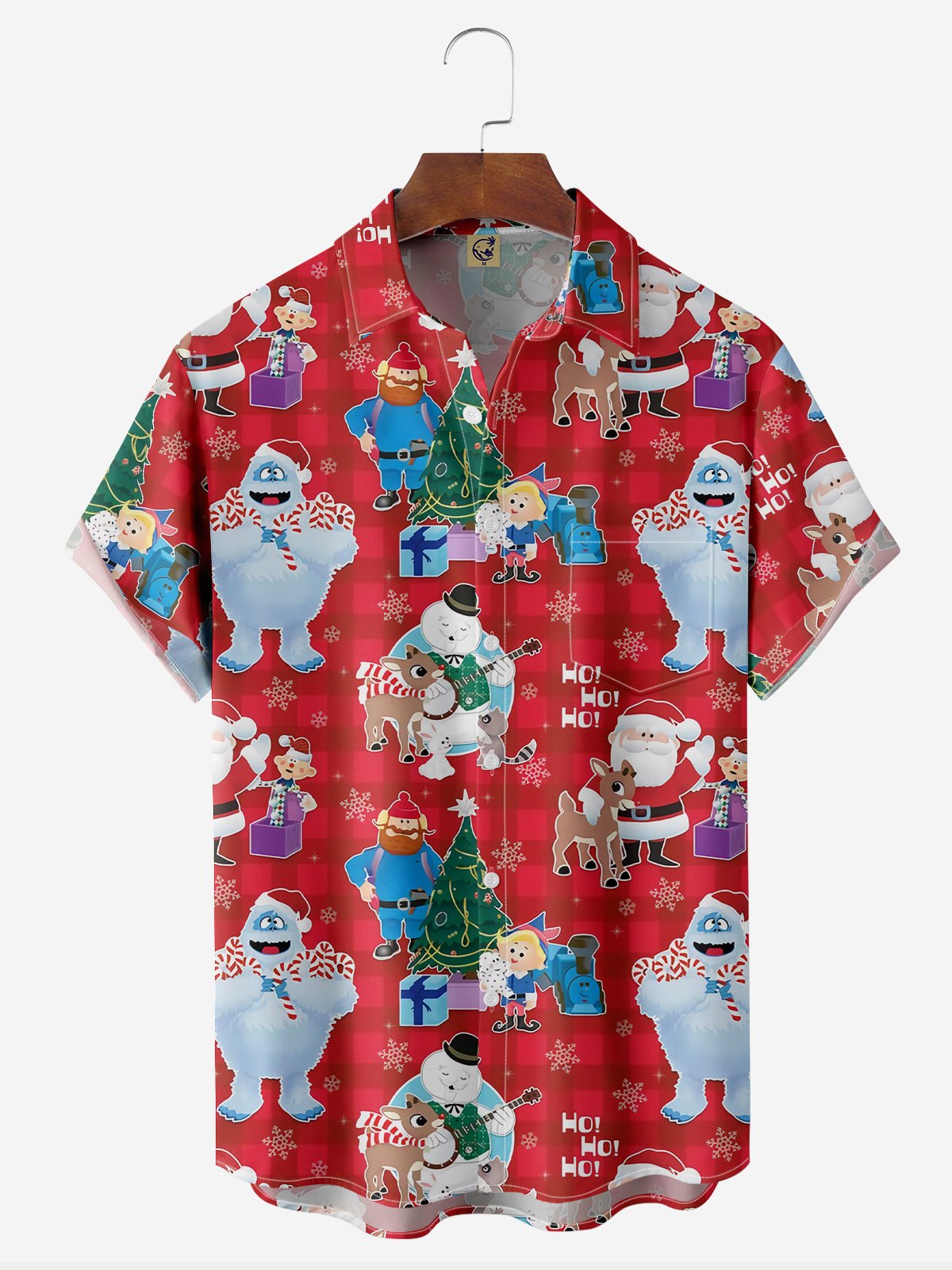 Royaura Christmas Holiday Red Men's Hawaiian Shirt Elk Cartoon Art Stretch Pocket Camp Shirts