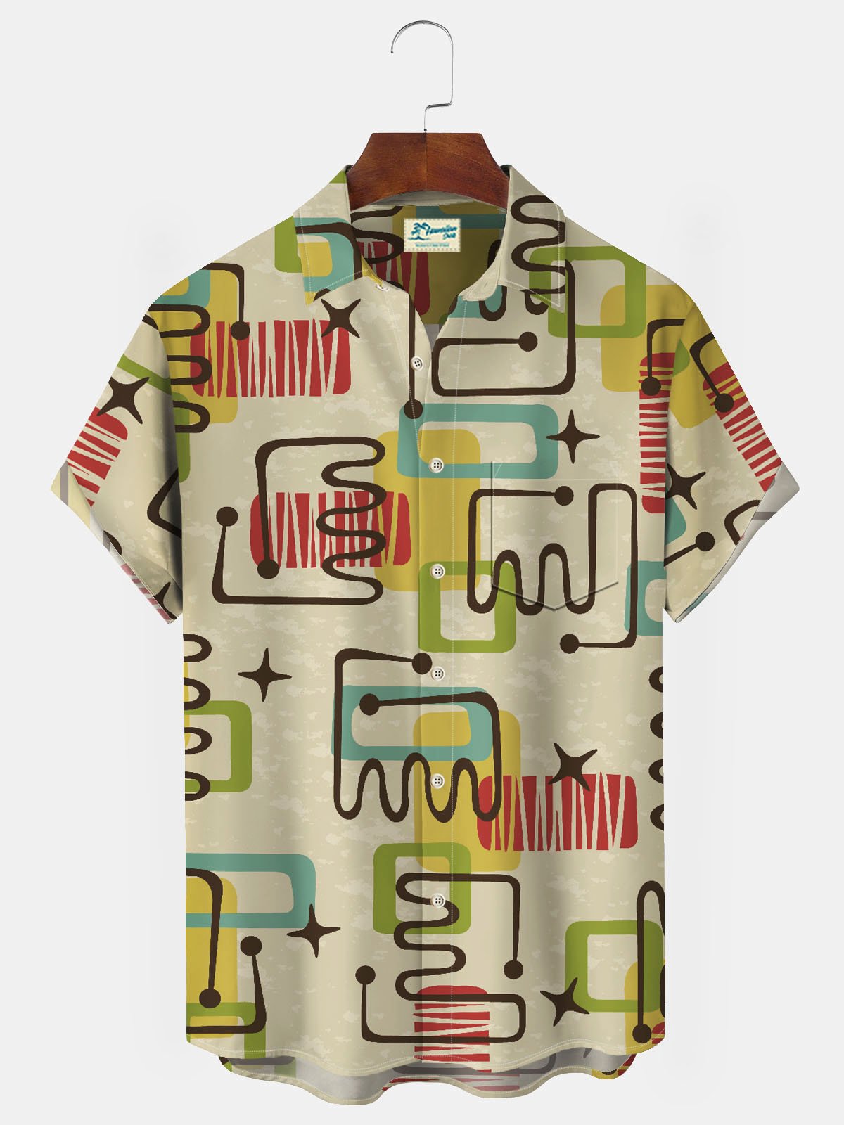 Royaura 50's Vintage Mid-Century Geometric Khaki Men's Hawaiian Shirts Stretch Plus Size Loha Pocket Camp Shirts