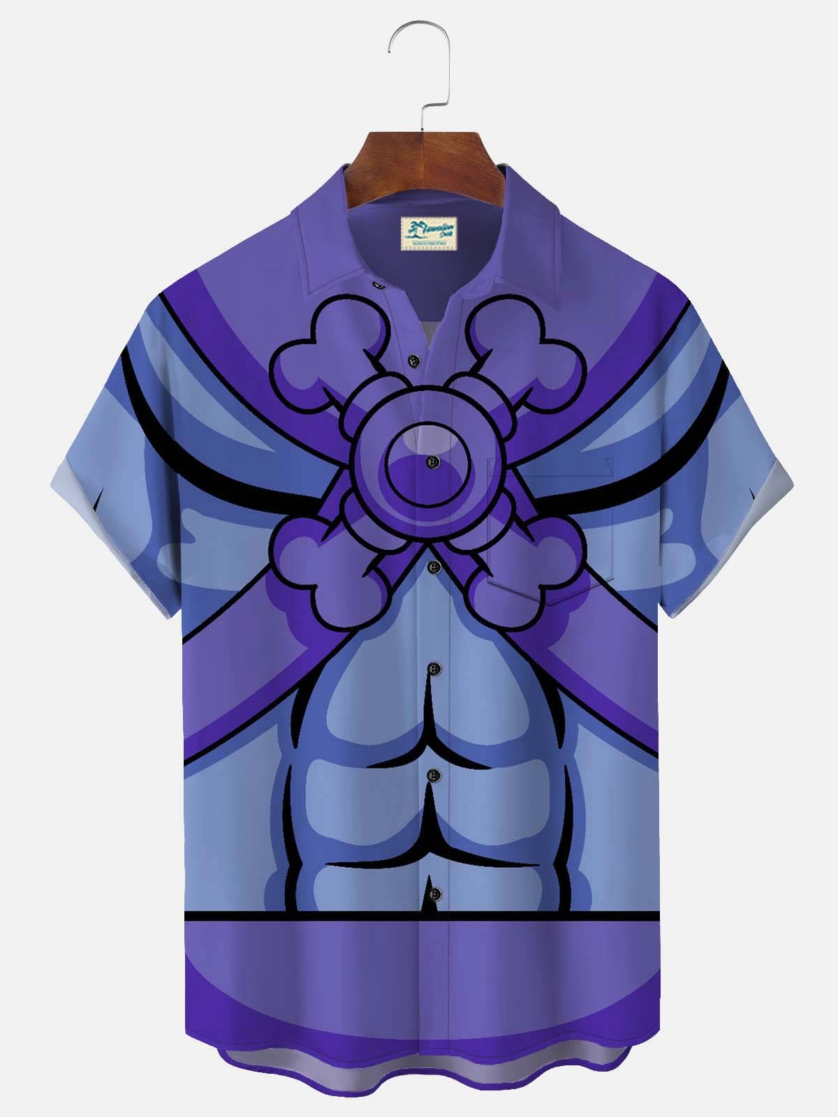 Royaura 50‘s Retro Game Cartoon Purple Men's Hawaiian Shirts Stretch Costume Aloha Camp Pocket Shirts