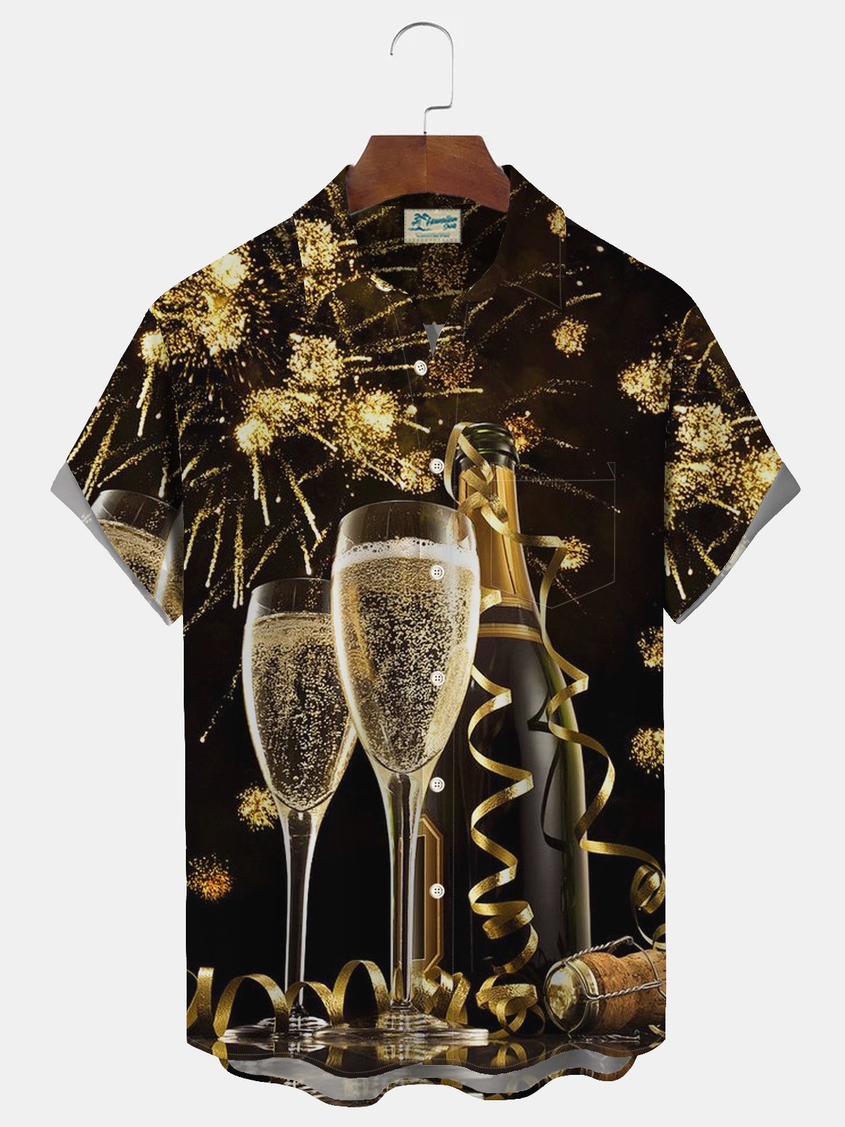 Royaura Champagne New Year Print Men's Button Pocket Shirt