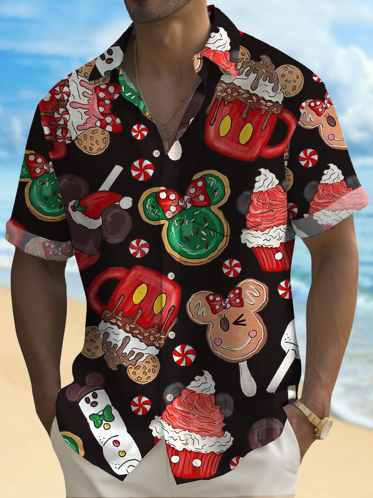 Royaura Christmas Cartoon Print Men's Button Pocket Shirt