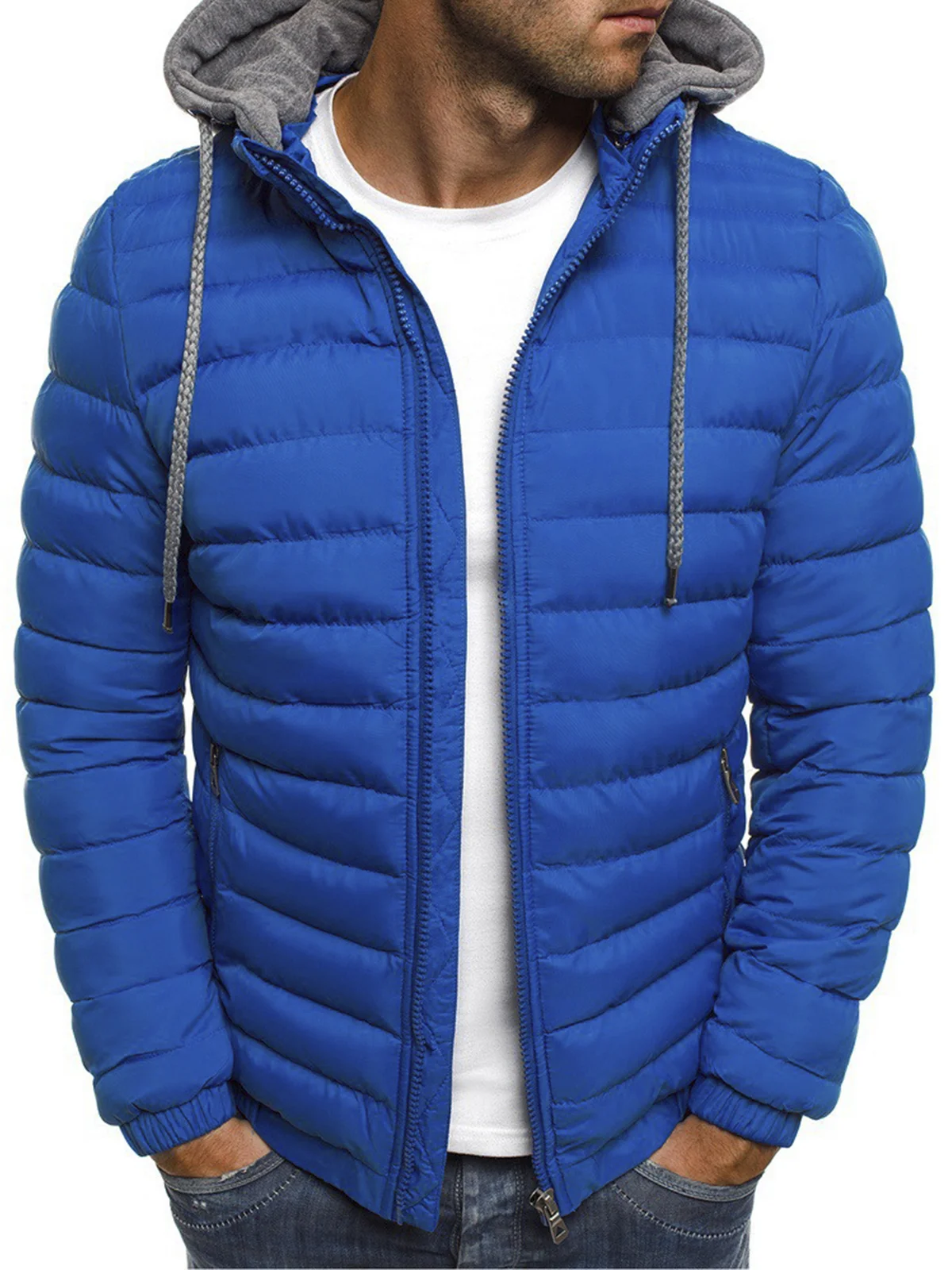 Men's Down Zipper Warm Drawstring Hooded Puffer Jacket Winter Jacket Coat