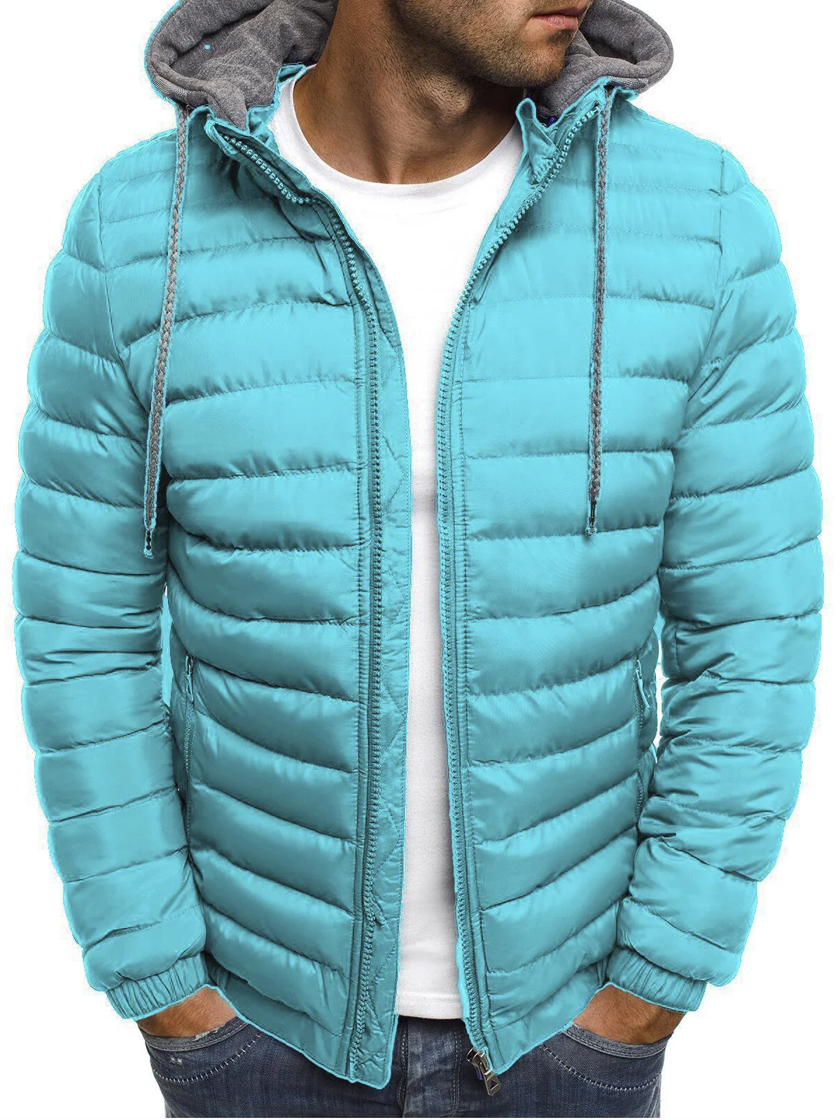 Men's Down Zipper Warm Drawstring Hooded Puffer Jacket Winter Jacket Coat