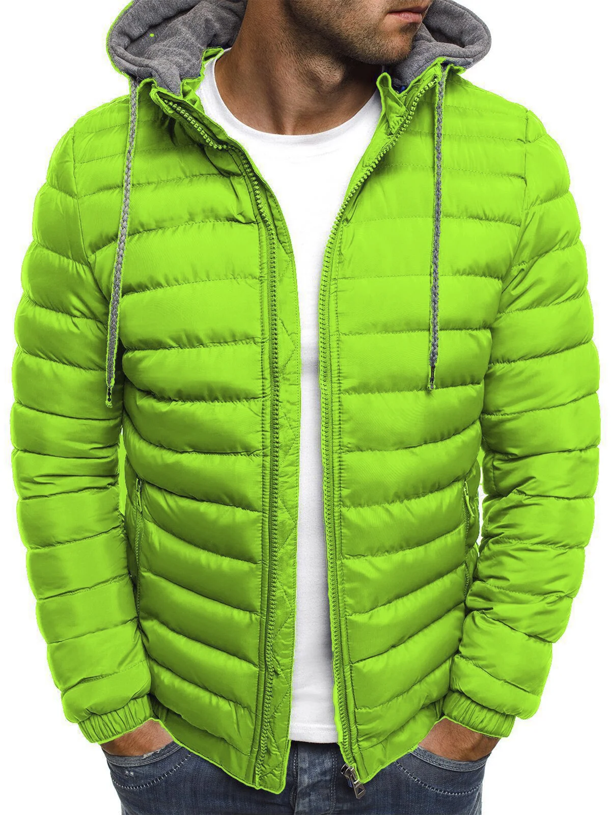 Men's Down Zipper Warm Drawstring Hooded Puffer Jacket Winter Jacket Coat