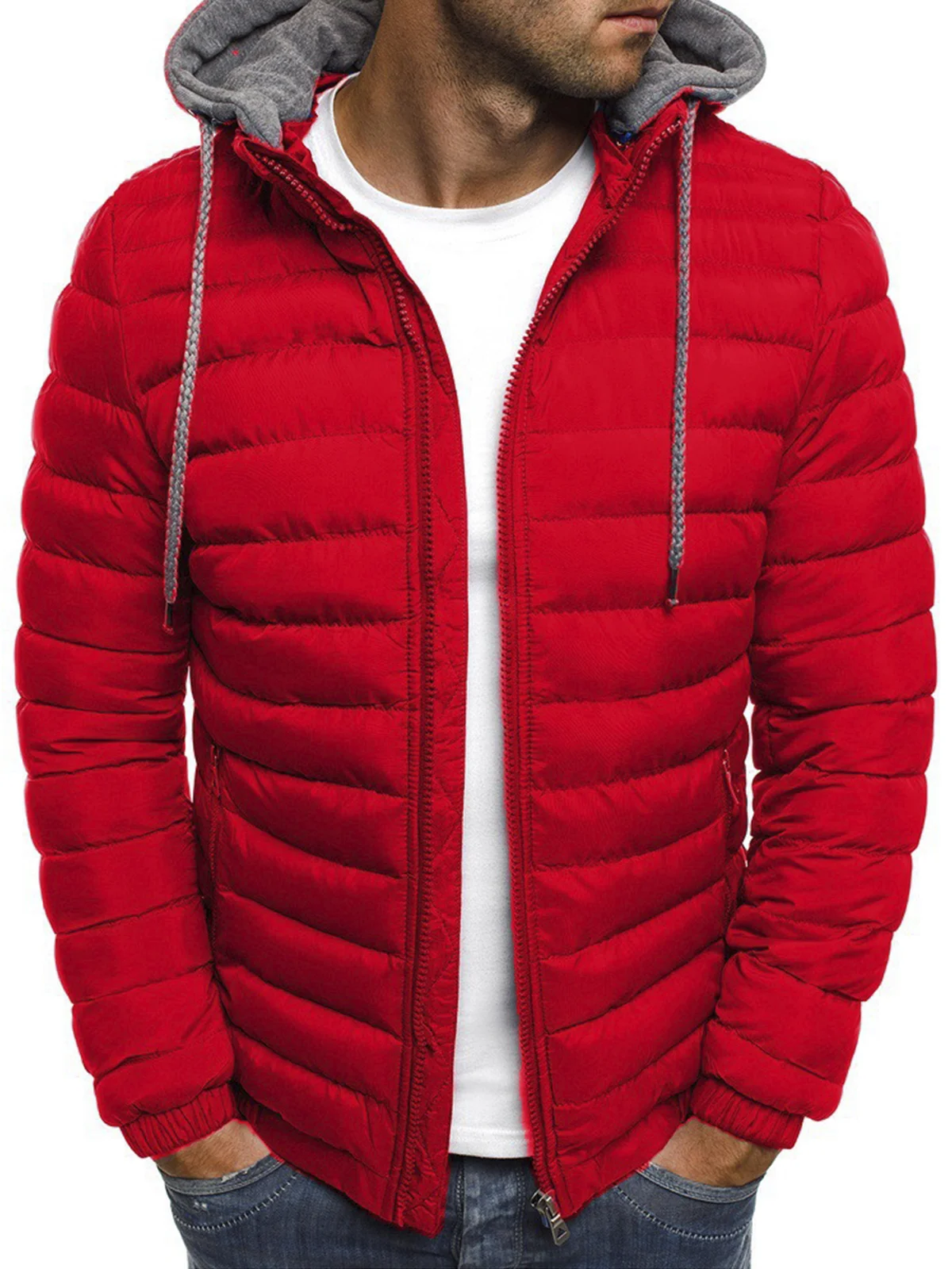 Men's Down Zipper Warm Drawstring Hooded Puffer Jacket Winter Jacket Coat