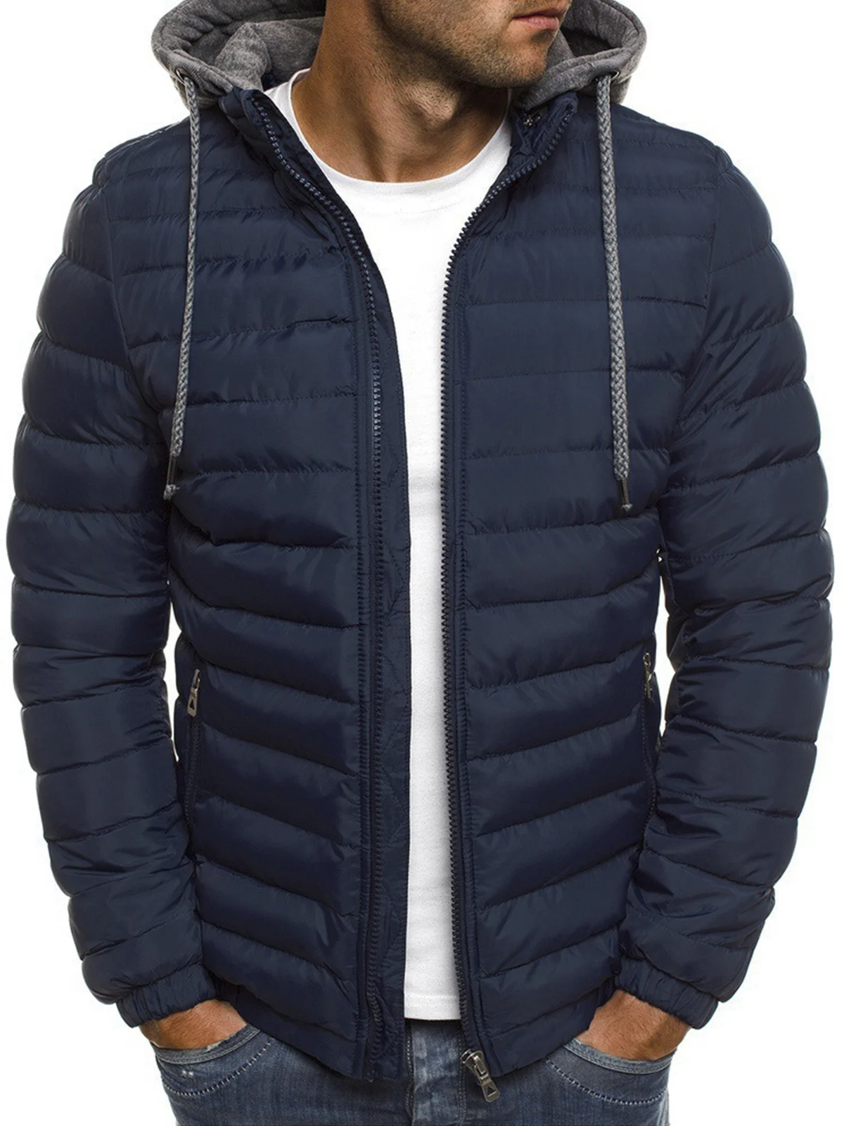 Men's Down Zipper Warm Drawstring Hooded Puffer Jacket Winter Jacket Coat