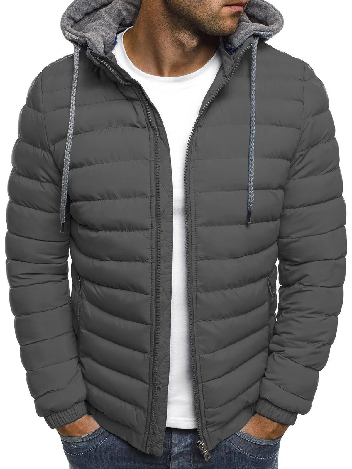 Men's Down Zipper Warm Drawstring Hooded Puffer Jacket Winter Jacket Coat