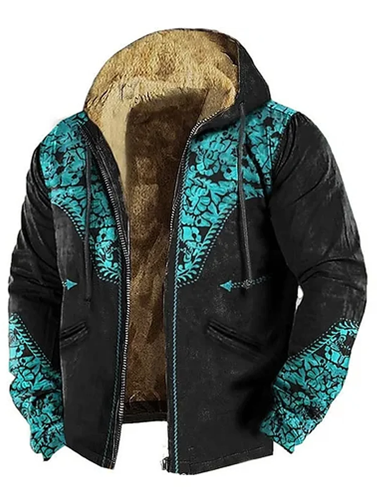 Royaura Western Fleece Ethnic Aztec Print Drawstring Hooded Zip Sweatshirt Outer Jacket