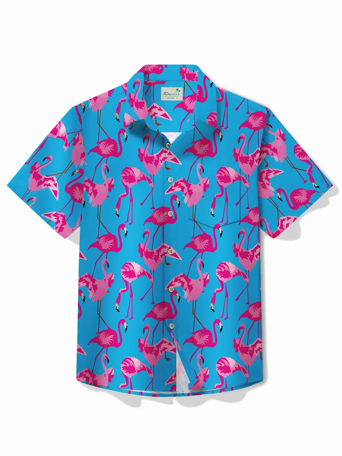 Royaura® Beach Blue Men's Hawaiian Shirt Flamingo Stretch Plus Size Aloha Camp Pocket Shirt